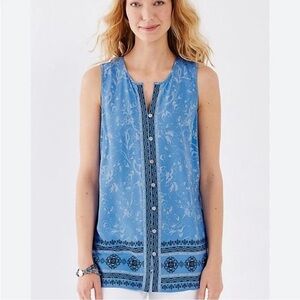 J. Jill Blue Boho Border Print Button Front Tunic Tank Rayon Flowy Top M Coastal